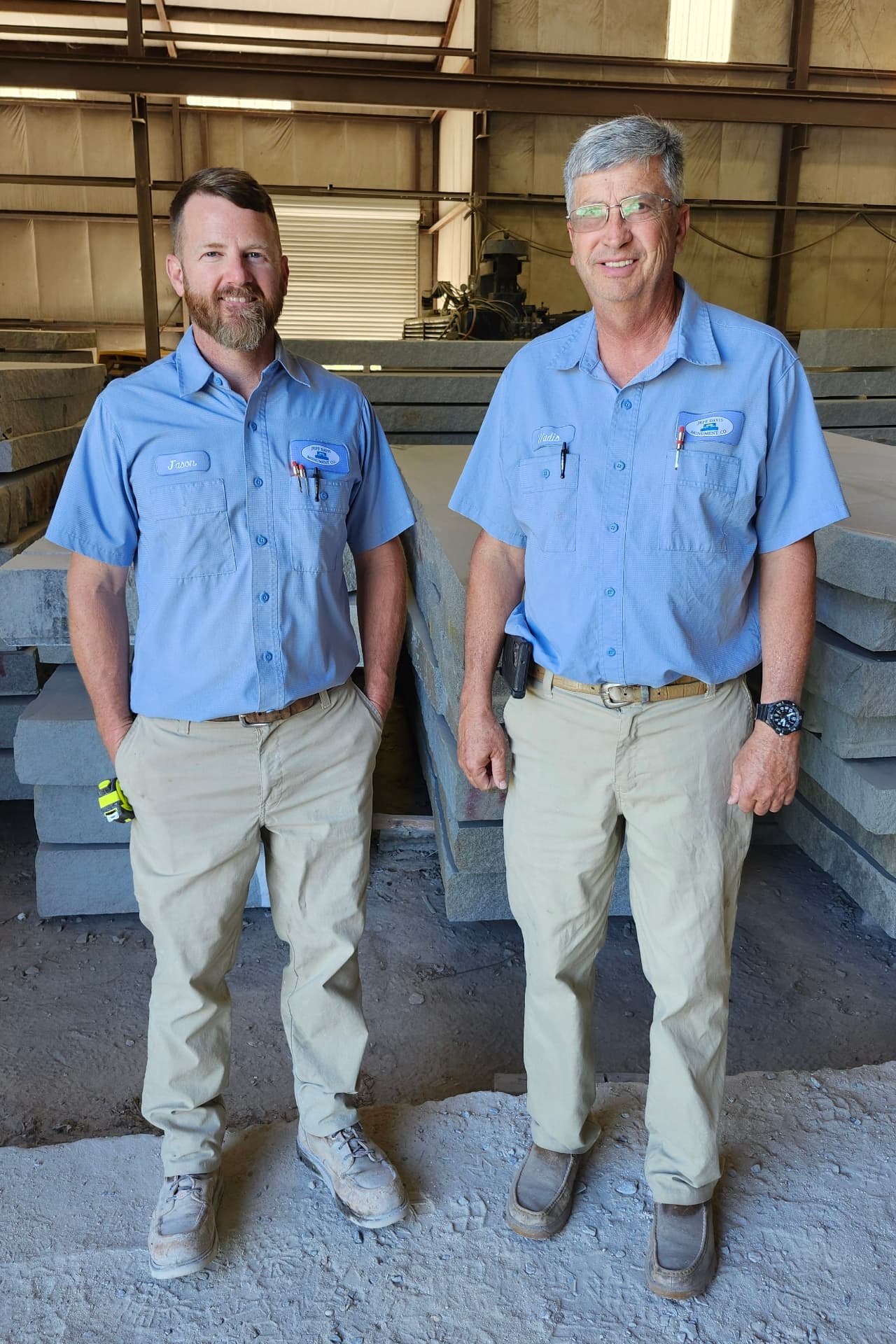 Jason Worth and Wadis Davis at the Jeff Davis Monument Company workshop